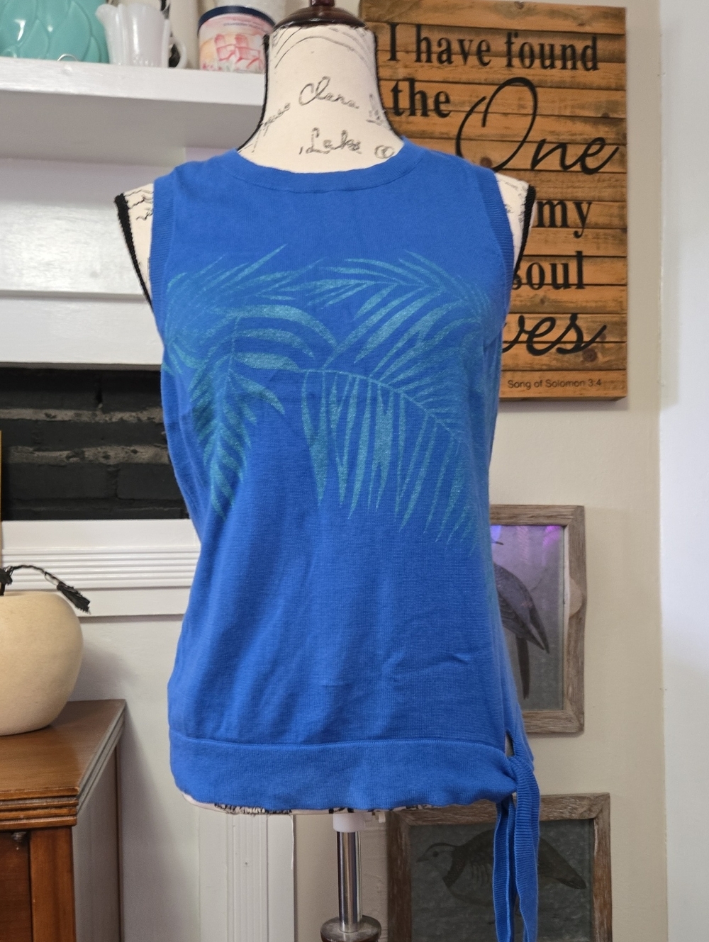 Tommy Bahama Blue Palm-Print Tie Hem Tank Top